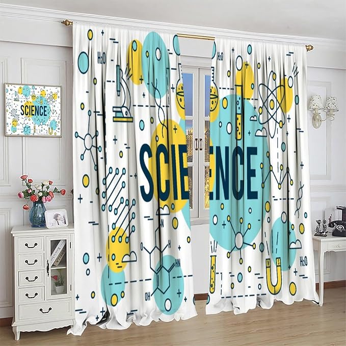 Science Window Curtains, Chemistry Chemical Science Pharmacy Research Room Darkening Door Window Rod Pocket Curtain for Girls Boys Kids Bedroom Study Room Classroom Set 2 Panels,42x45 Inches, Style-5