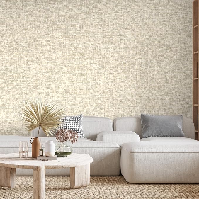 Beige Grasscloth Peel and Stick Wallpaper 17.3"x120" Faux Linen Textured