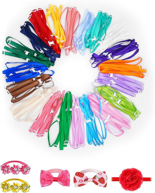 PET SHOW 100 Pack Dog Bow Tie Straps DIY Extension Strap with Adjustable Buckles 20 Colors for All Types of Small Dog Bow Ties Newborn Puppy ID Collar Charms Flowers Cat Pets Neckties Accessories