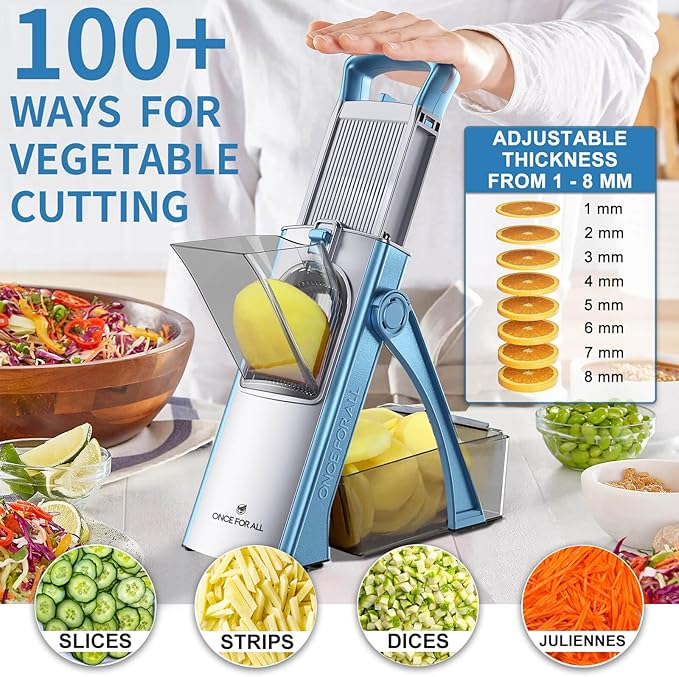 ONCE FOR ALL Upgrade Safe Mandoline Slicer Plus, Biger Size, Adjustable Vegetable Food Chopper Potato Fries Cutter, Detachable Blade, Kitchen Chopping Artifact, Gift (SkyBlue)