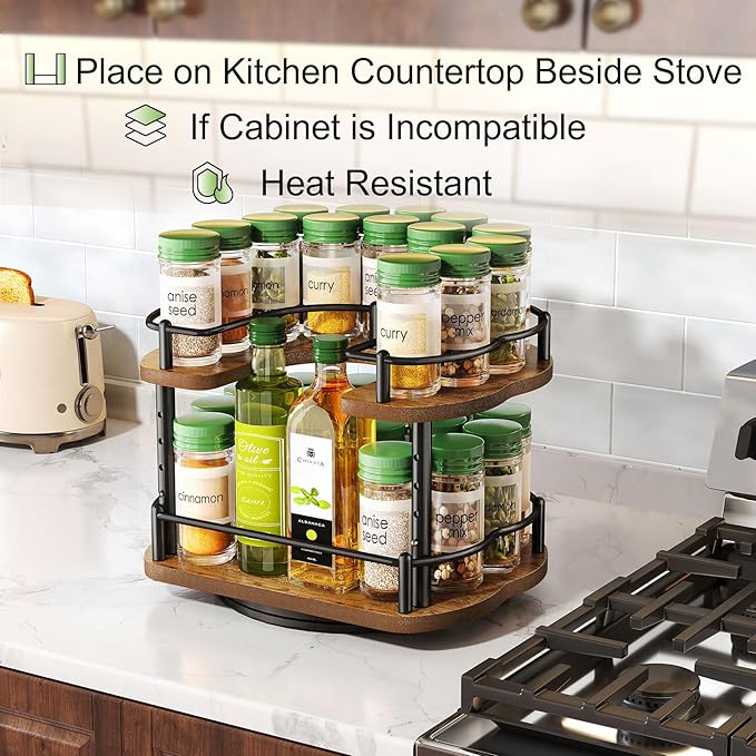 Spice Rack Organization for Cabinet - Height Adjustable Rotating Lazy Susan Organizer, Spice Organizer Fits Cabinets Wide＞ 11 inches, Clearance Height ＞10.5 inches