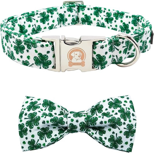 MR. CHUBBYFACE St.Patrick's Day Dog Collar Green Clovers Adjustable Dog Collar Bow Tie for Small Medium Large Dogs