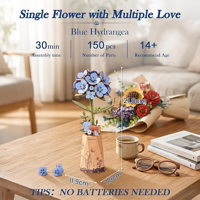 rowood Blue Hydrangea 3D Puzzles for Adults,DIY Wooden Flower Craft Kits for Women,Botannical Collection Home Decor,Mothers Day/Teachners Day Gift