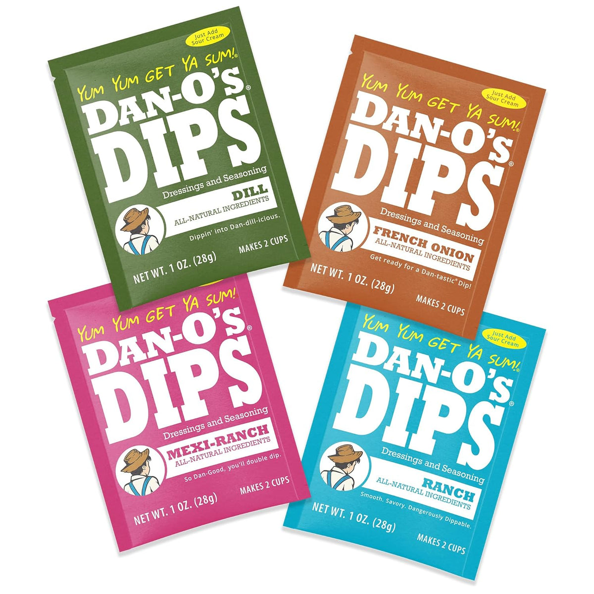 Dan-O’s Dips Variety Pack (8 Pack) – Ranch, Mexi-Ranch, French Onion & Dill Dip Mixes – All-Natural Seasoning Packets – Just Add Sour Cream or Greek Yogurt – No Artificial Ingredients
