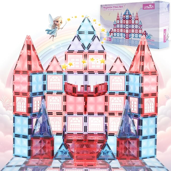 Little Pi 104pcs Frozen Princess Castle Magnetic Tiles Building Blocks - 3D Diamond Blocks, STEM Educational Toddler Toys for Pretend Play, 4 Year Old Girl Birthday Gifts Kids Ages 3 5 6 7 8 - Pink