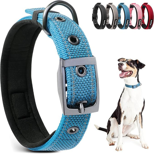 PetiFine Dog Collar for Large Dogs, Neoprene Padded and Adjustable, Reflective Wide Heavy Duty Pet Collars with Durable Metal Belt Buckle for Walking, Blue, L