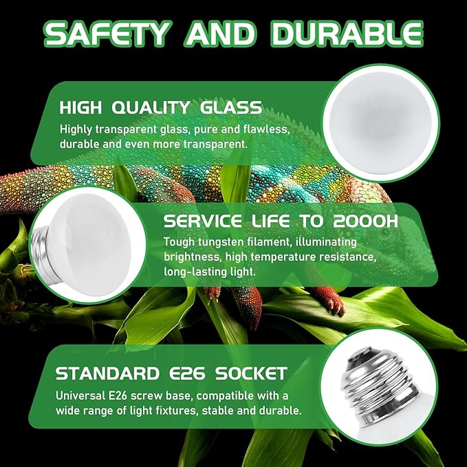 Reptile Heat Lamp Bulbs, UVA Reptile Heat Bulb 2 Pack, 40 Watt Heat Light Bulbs, Daylight Basking Spot Light for Lizard, Bearded Dragon, Snake, Gecko