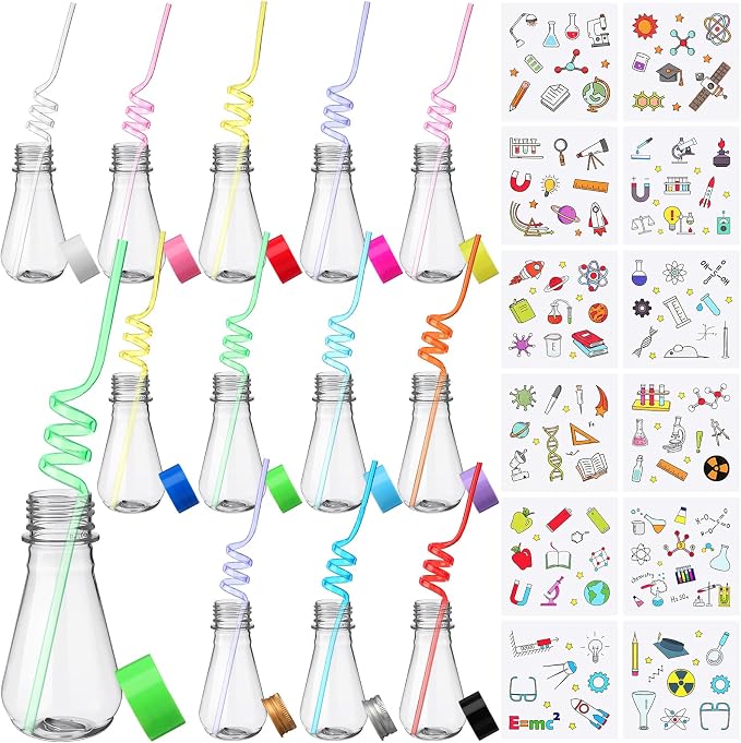 Jingmore 36 Pcs Science Party Theme Cups Set with Silly Loop Straws Science Stickers Plastic Reusable Small Conical Flask Bottles Test Tubes for Birthday Party Decorations(Conical Flask)