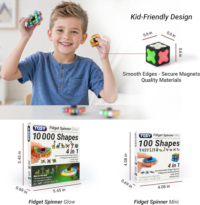 TOSY Magnet Fidget Spinner Mini - 8 Blocks, 3 in 1 Toy: Transformable Fidget Spinner, Infinity Cube, 2x2 Puzzle Cube, Stress Relief, STEM Sensory Magnet Tiles Birthday Gift for Kids/Boys/Girls/Adults