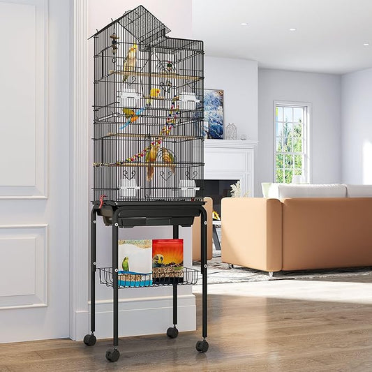 YITAHOME 62 inch Metal Bird Cage, Large Parakeet Cages for Parrot, Cockatiel, Lovebird, Pigeon with Roof Top, Rolling Stand and Hanging Accessories