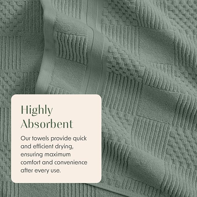 Springtree Home 100% Cotton Bath Towel Set of 4 | Green Bath Towels | Geometric Textured Design | Absorbent & Quick-Dry | 4 Bath Towels | Oeko-TEX® Standard 100 Cotton | Myla Collection - Lily Pad