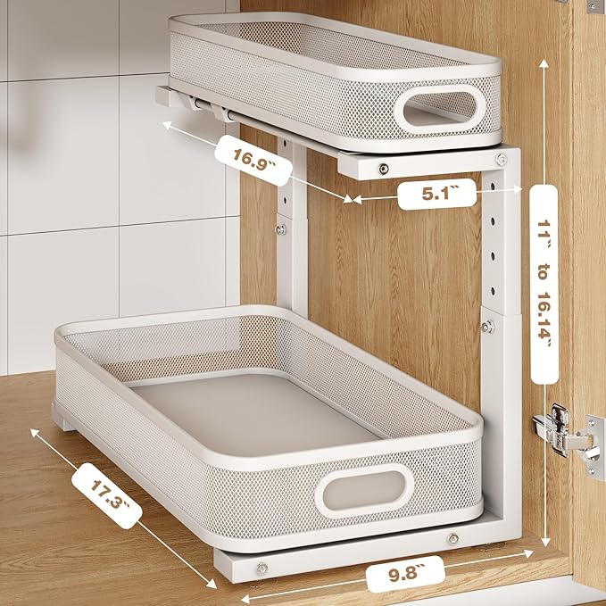 2 Pack 17.3IN-Depth Under Sink Organizer with Smooth Cylindrical Rail,2-Tier Pull Out Multi-Purpose Cabinet Storage for Bathroom&Kitchen,Height Adjustable,Rust-Resistant Coating-White