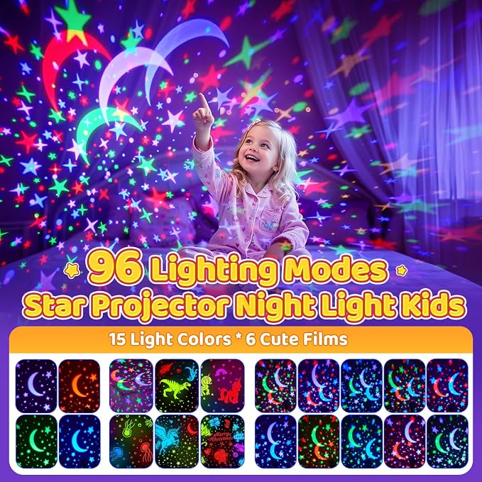 PIKOY Night Light for Kids, 90 Modes+6 Films+Dimmer+Timer+Remote Kids Night Light Projector, Rechargeable Built-in Battery+360° Silent Rotation Butterfly/Princess/Mermaid Room Decor,Girl Toys/Gifts