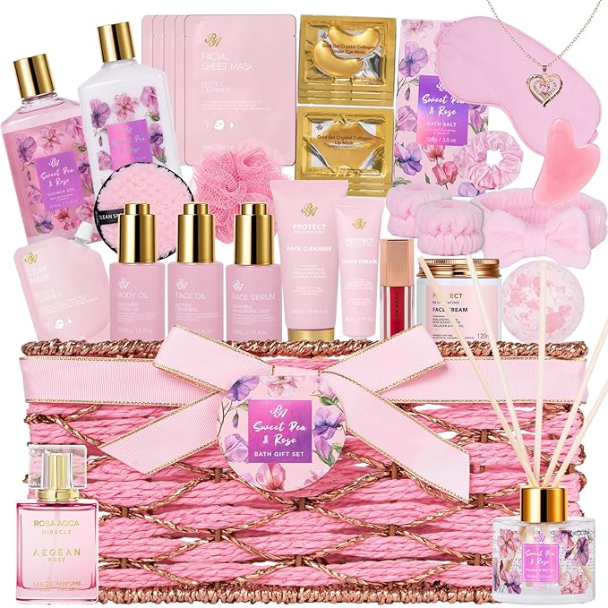 35 Pcs Christmas Gift for Women, Rose Bath and Body Gift Basket, Facial Skin Care Set, Self Care Pampering Kit, Face Sheet Mask, Home Spa Pack, Perfume, Birthday, Valentines, Mother Day, Bridal Shower