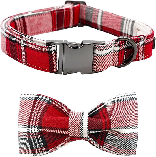 Dog Collar, Christmas Dog Collar Plaid Pet Collar Bow Holiday Bows Girl Boy Puppy Collar Adjustable Pet Collar for Large Dogs