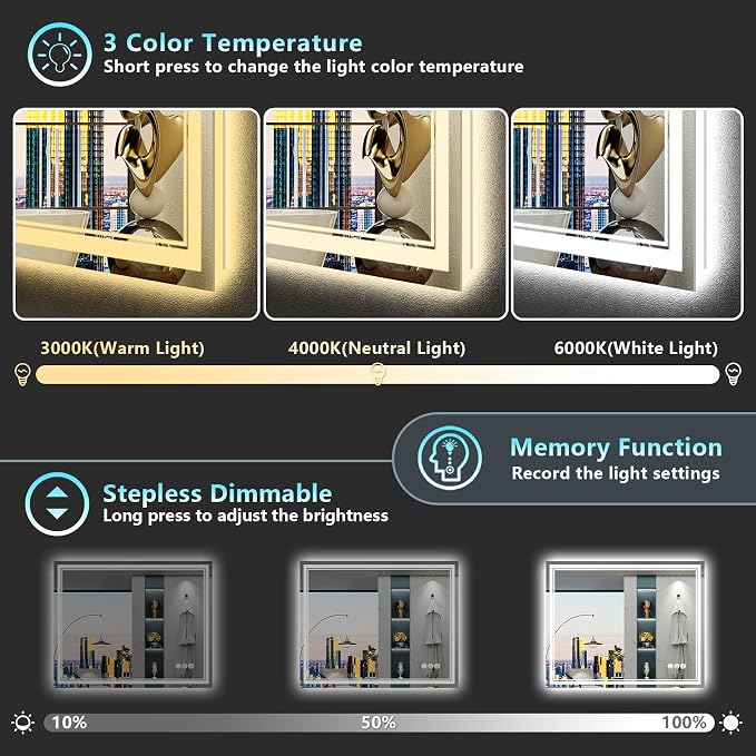 40x36 LED Bathroom Mirror with Lights, Backlit and Front Lit Anti-Fog Lighted