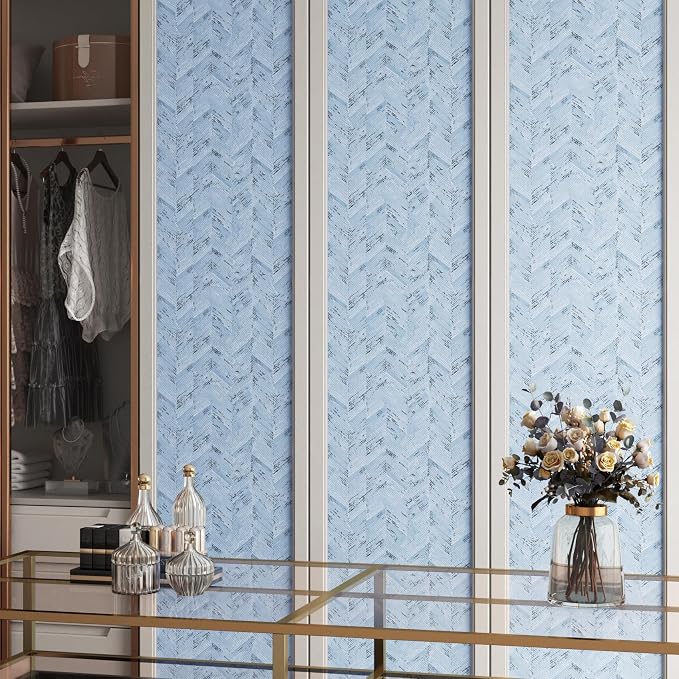 Livelynine Blue Fabric Wallpaper Peel and Stick Prepasted Herringbone Faux