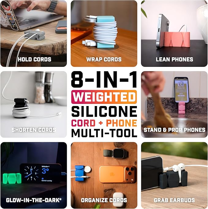 CordBrick Glowing Silicone + Steel Weighted Cable Holder for Nighstand, Cord Wrap for Travel, Unique iPhone Accessory. Small Graduation Gift for High Schoolers. Gadget for Teens. Blue Glow