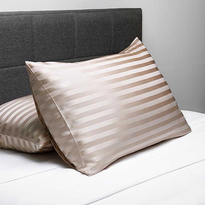 Fishers Finery 25mm 100% Pure Mulberry Silk Pillowcase Set (Taupe Stripe Queen 2 Pack)