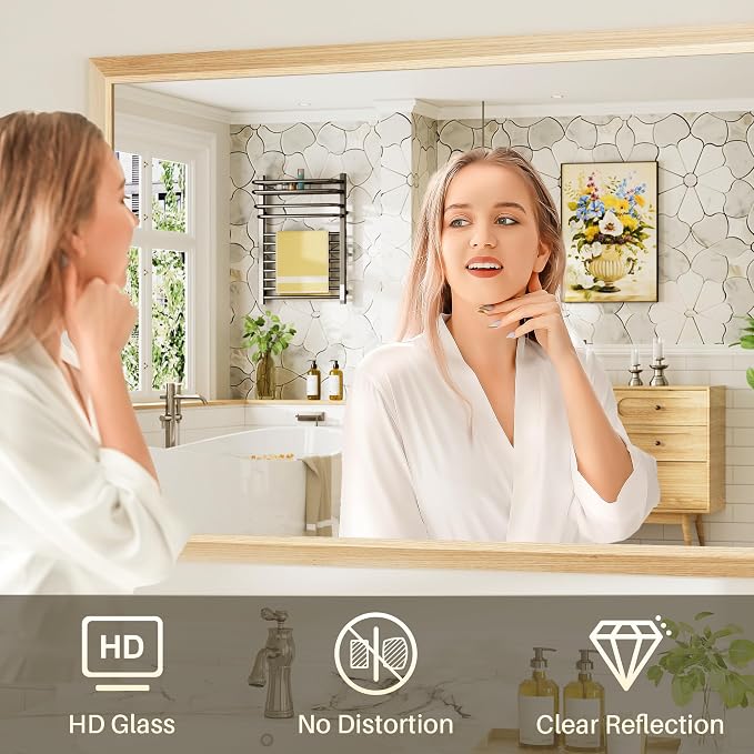 40x30 Inch Bathroom Mirror for Wall, Anti-Rust Oak Wood Grain Metal Framed