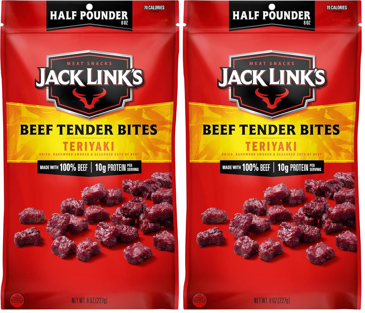Jack Link's Beef Tender Bites, Teriyaki, Half Pounder Bag - Flavorful Meat Protein Snacks for Lunches, 10g of Protein and 70 Calories per Serving, Made with 100% Beef