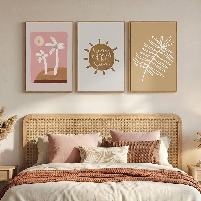 Framed Neutral Boho Abstract Wall Art Bedroom, 3 Piece Minimalist Tropical Sun