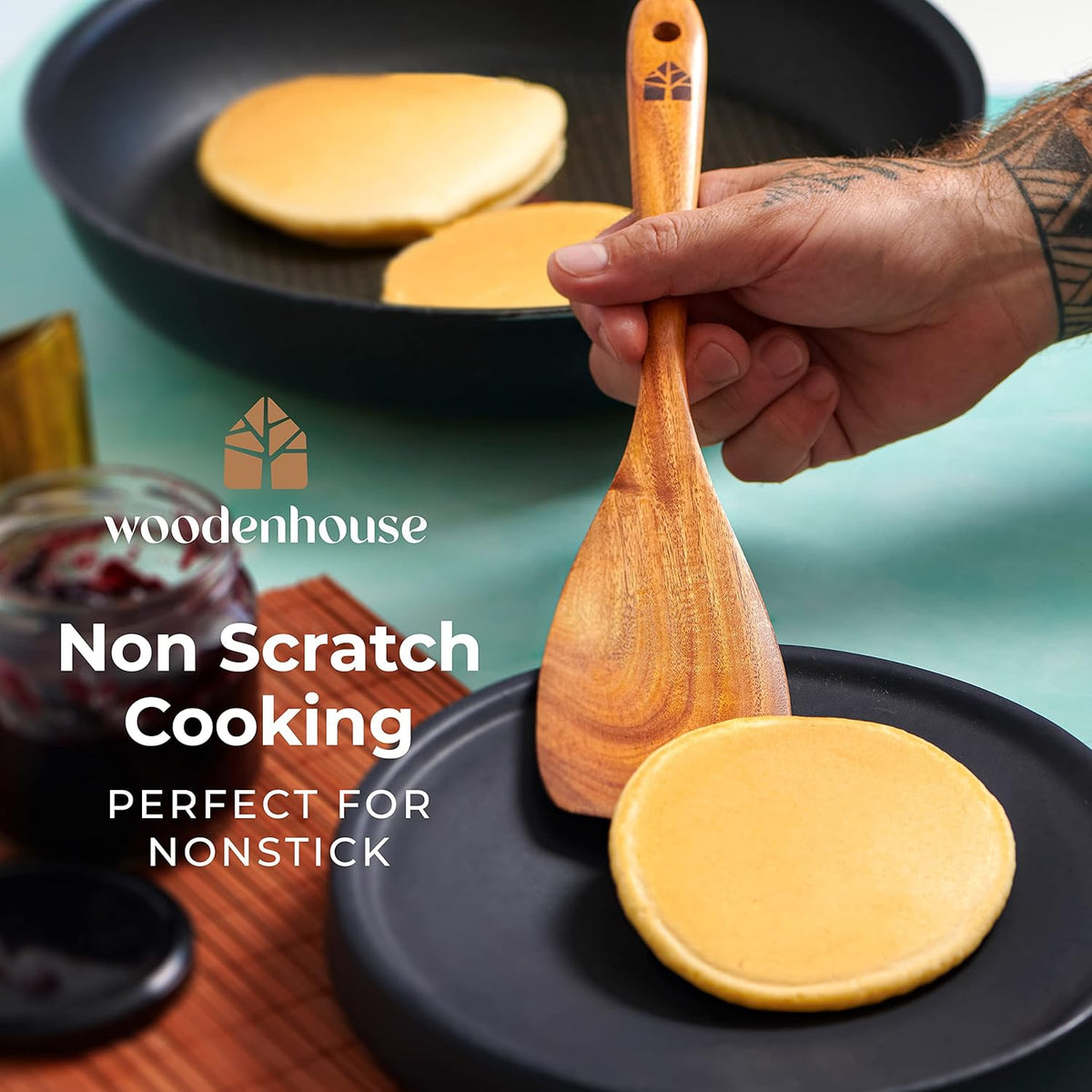 Wooden Utensil Set 8 Pcs – Sturdy & Easy to Clean, Natural Teak Wooden Spoons for Cooking – Non-Scratch Cooking Utensils with Spatula, Turner, Ladle, Spoons, Holder, Spoon Rest, 6 Hooks Kitchen Gifts