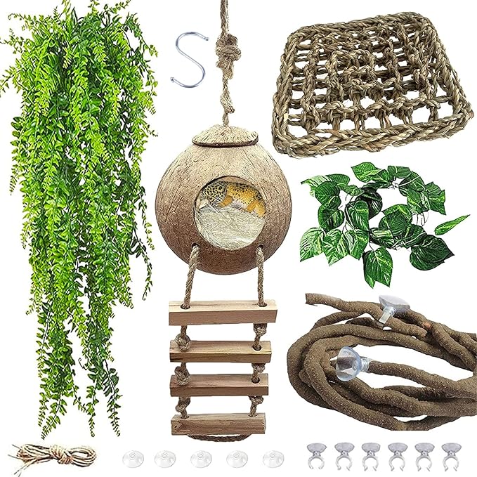 Lizard Coco Den with Ladder,Leopard Gecko Coconut Husk Hut Hideout Home Reptile Hammock Climbing Hanging Plants Decor Habitat Tank Accessories for Bearded Dragon Snake Chameleon
