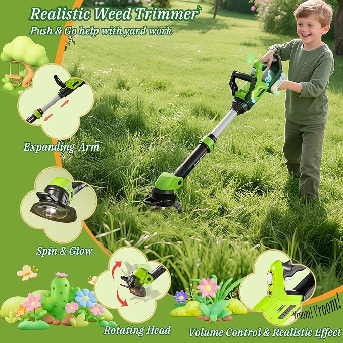 Kids Tool Set, 3-IN-1 Power Tools with Sounds & Lights, Volume, Kids Toy Weed Wacker, Leaf Blower & Hedge Trimmer, Hat, Gloves, Apron, Toy Tools Garden Outdoor Lawn Christmas Birthday Gifts for Boys