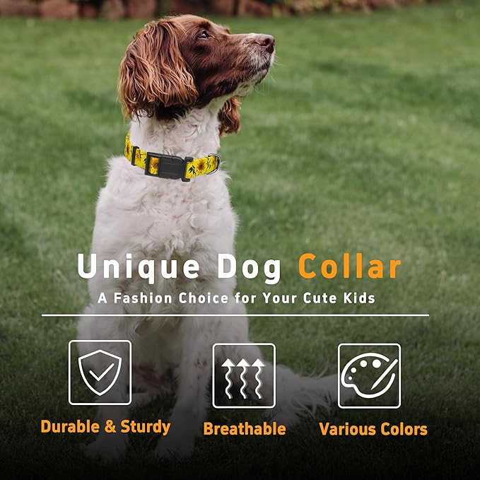 Dog Collar, Floral Boys Girls Puppy Collar for Small Medium Large Dogs, Adjustable Soft Pet Collar with Safety Buckle for Male Females (Yellow Sunflower)