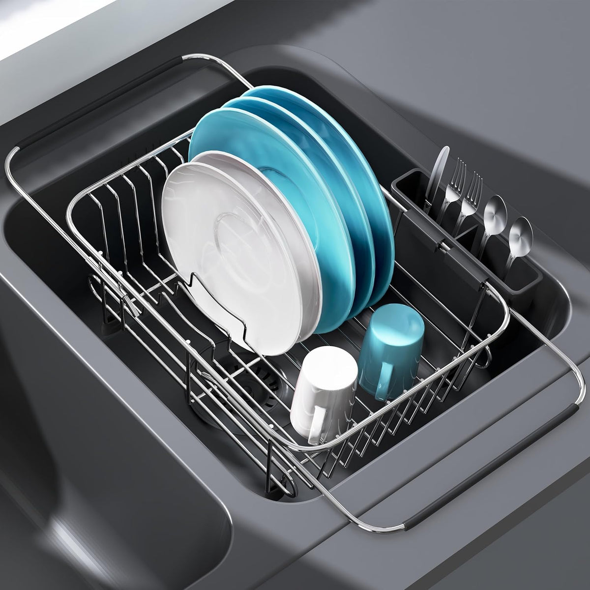 JASIWAY Dish Drying Rack in Sink, Expandable Stainless Steel Dish Drainers for Kitchen Counter, Dish Dryer Rack for Inside Sink, Over The Sink Dish Racks with Utensil Holder, Silver