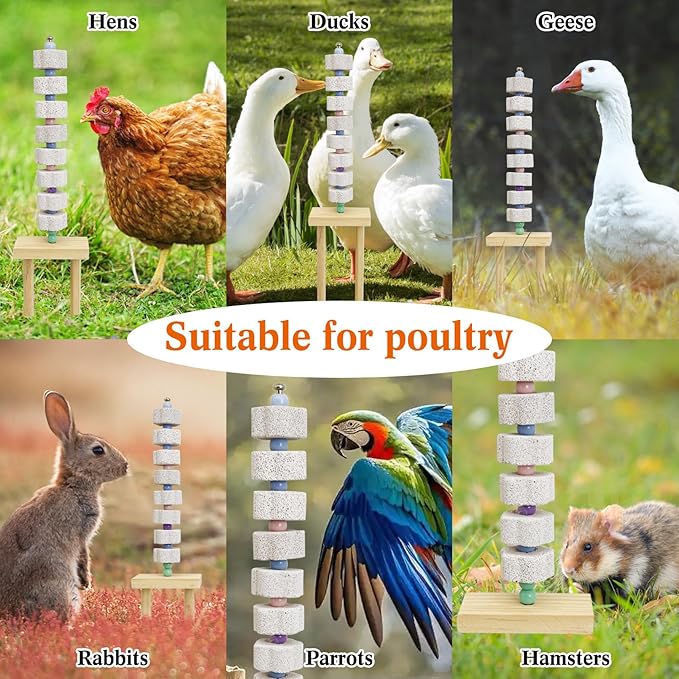Hamiledyi Chicken Chewing Toy 2 Pack Chicken Coop Accessories with Calcium Stone & Wood Stake Enrichment Toys for Hens, Ducks, Geese, Cockatiel, Parakeet, Parrot, Budgie