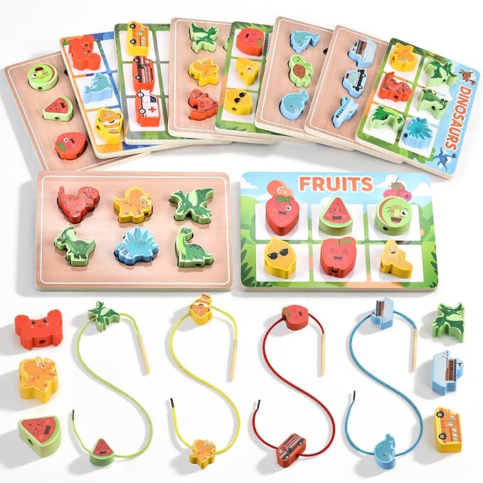 Montessori Wooden Toys for Toddlers 2 3 4: 3-in-1 Theme Sorting, Shape Matching & Color Learning Set - Dinosaur Ocean Vehicle Fruit Chunky Boards - Fine Motor Skills Speech Therapy Gifts