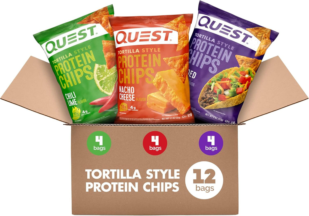 Quest Nutrition Tortilla Style Protein Chips Variety Pack, Chili Lime, Nacho Cheese, Loaded Taco, Low Carb, High Protein, Gluten Free, 1.1 oz (Pack of 12)