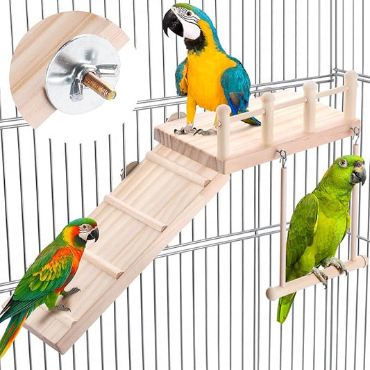 Wooden Bird Habitat Platform with Swing and Ladder - Sturdy Long Tailed Parrot cage Accessory, Suitable for Exercising and Entertaining Bird Games Gym - Perfect for Parrots, Canaries, Sparrows