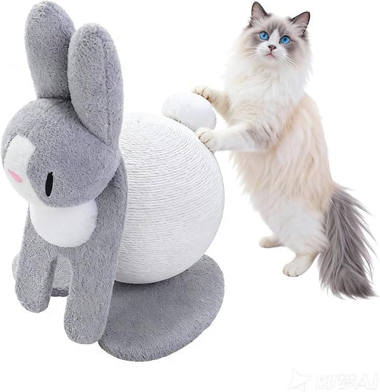 Cute Cat Scratcher- Bunny Style, Cat Scratching Post with Paper Rope, Extra Large Cat Scratch Ball (Ø11.8) for Indoor Kitten, Rabbit Scratch Ball for Kitty to Climb & Play, Gray
