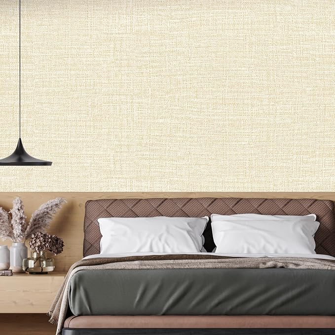 Beige Grasscloth Peel and Stick Wallpaper 17.3"x120" Faux Linen Textured