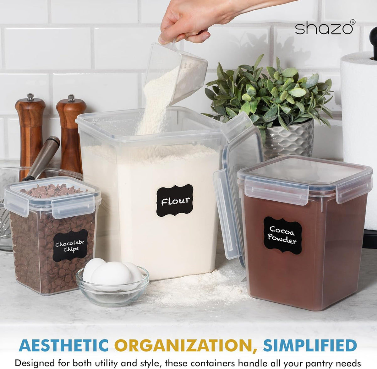 Shazo Flour Sugar Storage Containers Set of 3 (6L, 2.9L, 1.1L) Large Airtight Food Storage Containers with Lids, BPA-Free Plastic Container for Kitchen & Pantry Organizers, Cereal, Rice & Pasta