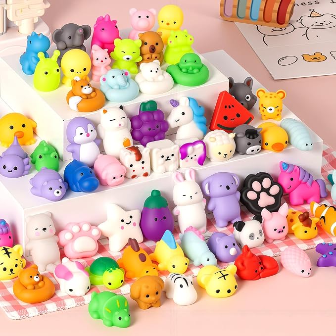 50 Pack Squishy Toys, Mochi Squishy Animals for Kids, Kawaii Slow Rising Squishies, Cute Sensory Fidget Toys for Kids, Party Favors, Treasure Box Prizes, Classroom Prizes in Storage Bucket