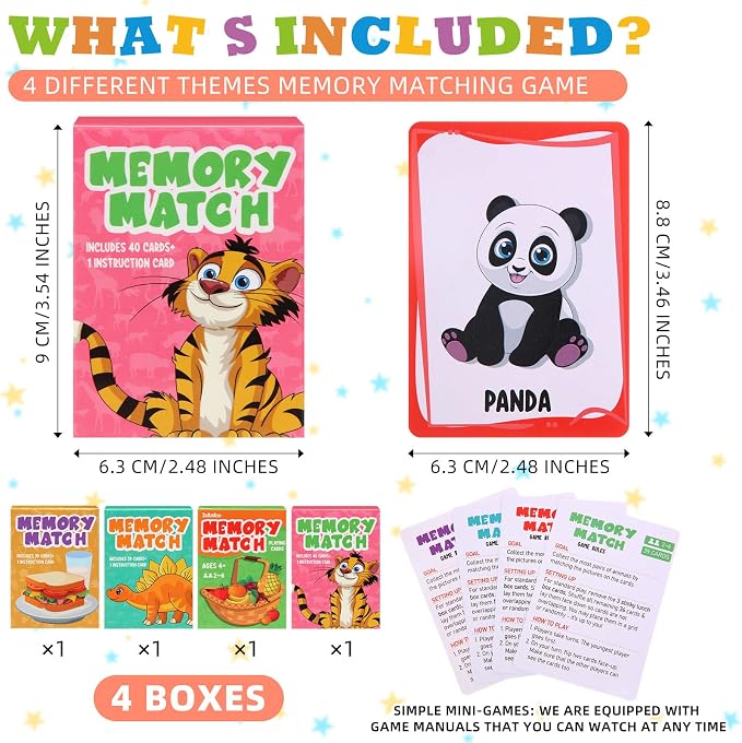 Zubebe 4 Sets Memory Matching Card Game Ages 4+, Family Party Game,Style 1 | Learning Toy with Animal Dinosaur Food Themes, Ideal for Family Night Classroom Prizes Party Favors, Builds Memory Skills