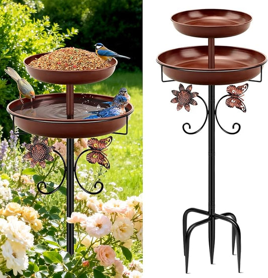 Daoeny Bird Bath for Outside, 42In Vintage Freestanding Birdbaths for Outdoors, Double Metal Bird Bath Feeder Bowls for Garden Patio Yard Lawn Decor, Upgraded 5-Pronged Base (Brown)