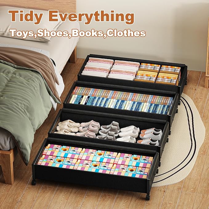 Fokyfok 2 Pack Under the Bed Storage Containers,36 inch Long Underbed Storage with Wheels,7.3 inch Height Under Bed Shoe Storage,Large Rolling under bed Clothes Storage Drawers with Lid for Dorm,Black