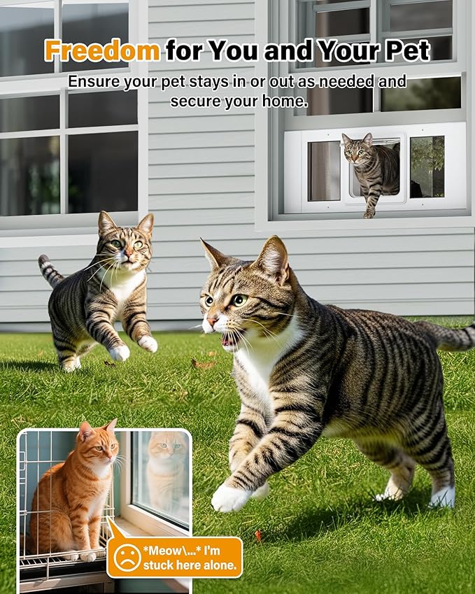 Cat Door for Window Weatherproof: Aluminum Frame Flap Pet Door Quick Fit Window Insert - Easy Adjustable to Fit Windows Width 23"-28" - 4 Secure Lock Modes with Magnetic Closure for Cats Doggy
