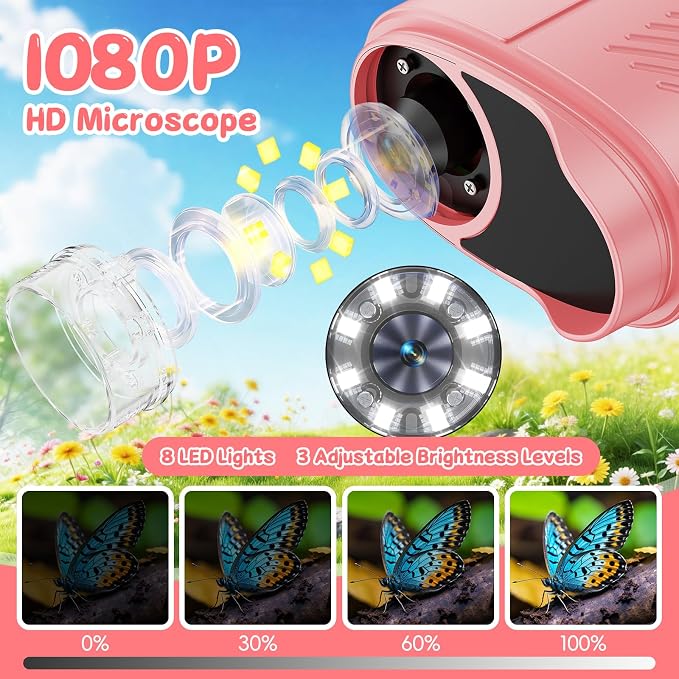 1000X Handheld Digital Microscope for Kids (Pink) | 4K HD 2.4" Screen, 200–1000X Magnification, Portable Kids Microscope, Educational STEM Toy, Gifts for Boys and Girls Age 5–12