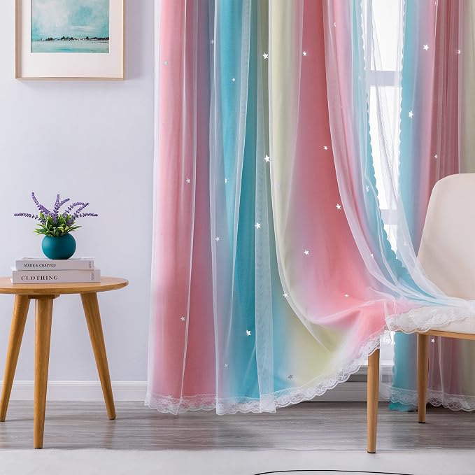 XiDi Curtains for Bedroom Decor, Rainbow Pink-Blue-34-45