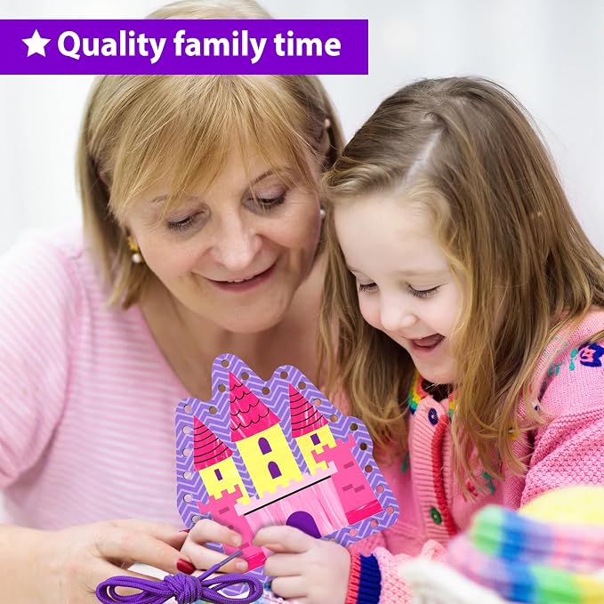 KRAFUN Princess & Castle Lacing Cards Age 3+ | 5 Projects | 5 princess cards: Princess, Unicorn, Castle, Fairy & Crown. Builds fine motor skills. Perfect for toddler girls