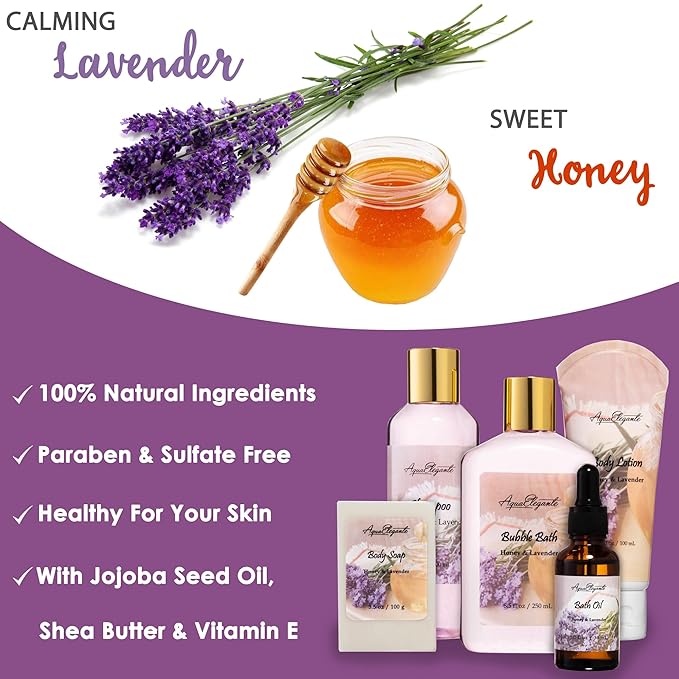 Spa Baskets For Women - Luxury Bath Set With Honey & Lavender - Spa Kit Includes Wash, Bubble Bath, Lotion, Bath Salts, Body Scrub, Body Spray, Shower Puff, Bathbombs, Soap and Towel