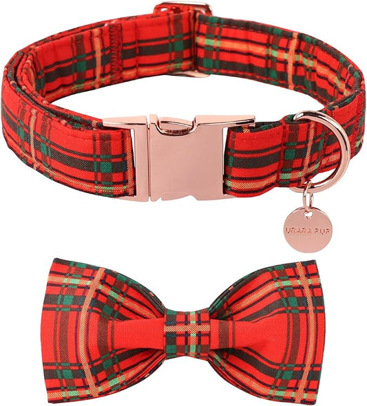 Christmas Dog Collar with Bow Tie, Cotton Christmas Plaid Collar for Medium Girl Boy Dog,Red &Green Plaid Dog Collar Bowtie with Durable Metal Buckle,Adorable Pet Collar,M,Neck 13.5-22in