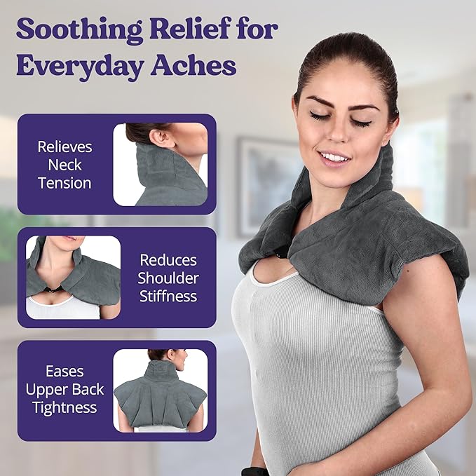 Microwavable Heating Pad for Neck, Shoulders, and Back by Joy & Grace | 5 Lb Weighted Neck & Shoulder Wrap | Moist Heat Therapy Pack for Relaxation and Comfort | Soft Micro-Mink Cover | Unscented Gray