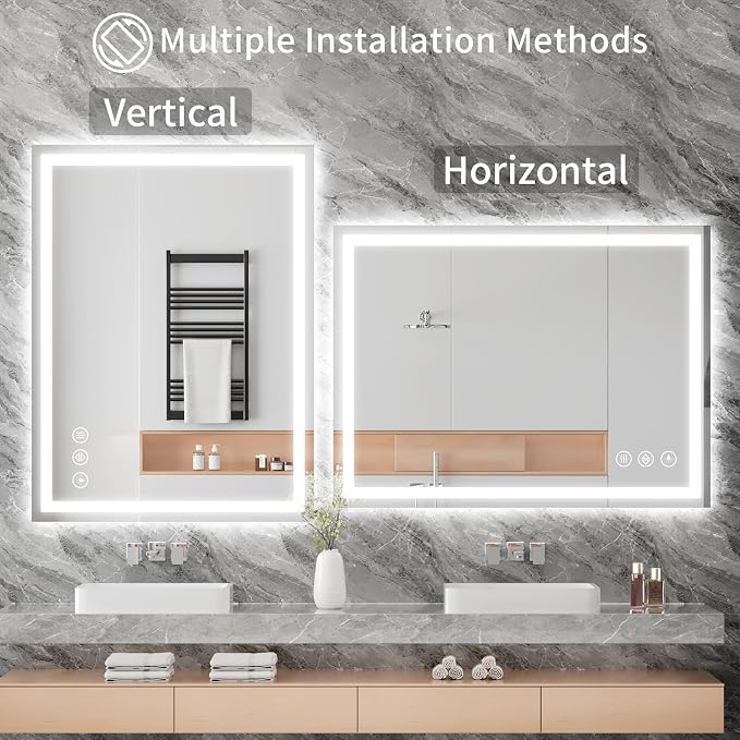 Koonmi 48"x32" LED Mirror for Bathroom, 90CRI Anti-Fog Vanity Mirror